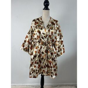 Night Essence Vintage Satin Retro Floral 3/4 Sleeve Kimono Dressing Robe Size 2X